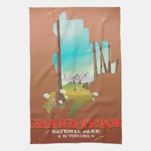 Grand Teton National Park Wyoming Map Kitchen Towel