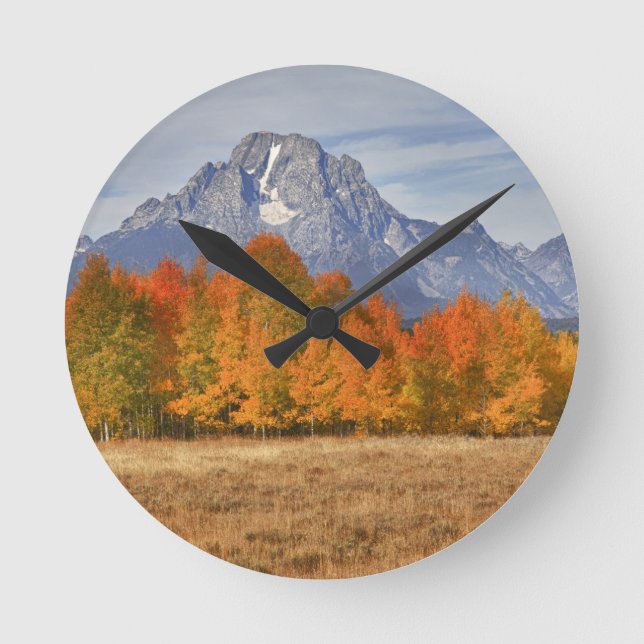 Grand Teton NP, Mount Moran and aspen trees Round Clock (Front)