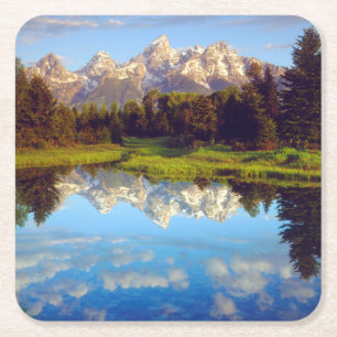Grand Tetons reflecting in the Snake River Square Paper Coaster