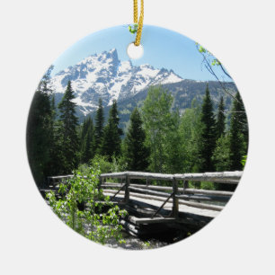 Grand Tetons Spring Snow and Wood Bridge Ceramic Ornament