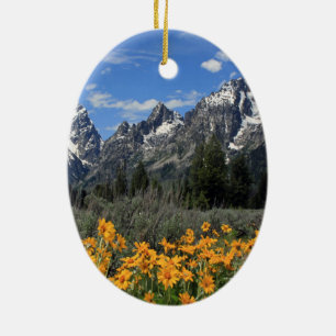 Grand Tetons With Snow and Spring Flowers Ceramic Ornament