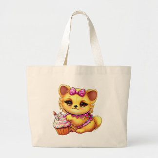 Grand Tote Bag adorable chiot d'anniversaire avec cupcake