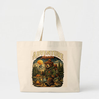Grand Tote Bag Adventure Awaits - Cute Hiking Bear Vintage Illust