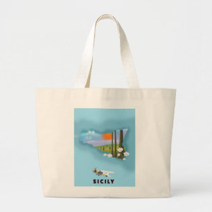 Grand Tote Bag Affiche de voyage carte illustrée de Sicile
