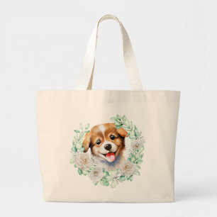 Grand Tote Bag Aimer Chiot avec Roses Blanches