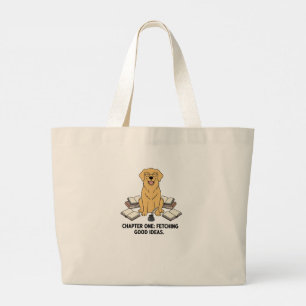 Grand Tote Bag Amoureux des livres Retriever doré qui va chercher