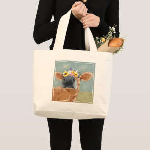 Grand Tote Bag Amusement de ferme - vache avec la couronne de