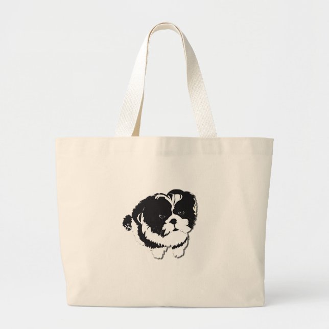Grand Tote Bag Animal familier blanc noir de chien de Shih Tzu (Devant)