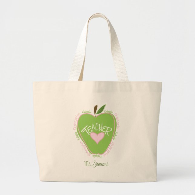 Grand Tote Bag Apple rose et vert d'institutrice gardienne (Devant)