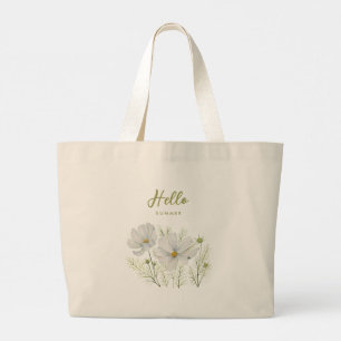 Grand Tote Bag Aquarelle Blanc Cosmos Fleurs Peinture Botanique