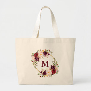 Grand Tote Bag Aquarelle Bourgogne Floral Wreath Monogramme Or