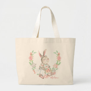 Grand Tote Bag Aquarelle de fille moderne Floral Lapin Nom du lap