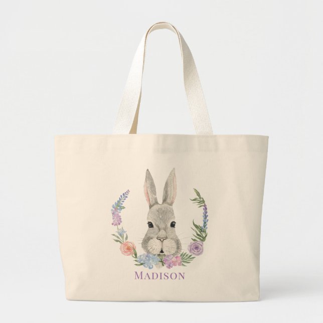 Grand Tote Bag Aquarelle de lapin de Pâques Floral Personnalisé (Devant)