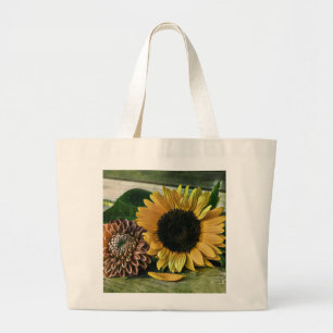 Grand Tote Bag Aquarelle de tournesol vintage sur une table en bo