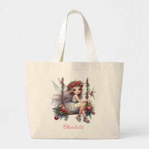 Grand Tote Bag Aquarelle Fée de Noël   Nom personnalisé