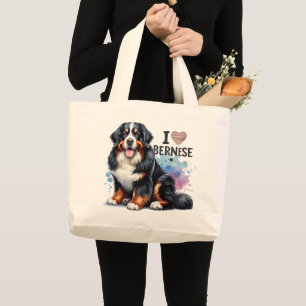 Grand Tote Bag Aquarelle J'aime mon chien bernois de montagne