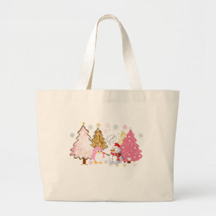 Grand Tote Bag Arbres de Noël roses, pingouin joueur et bonhomme 