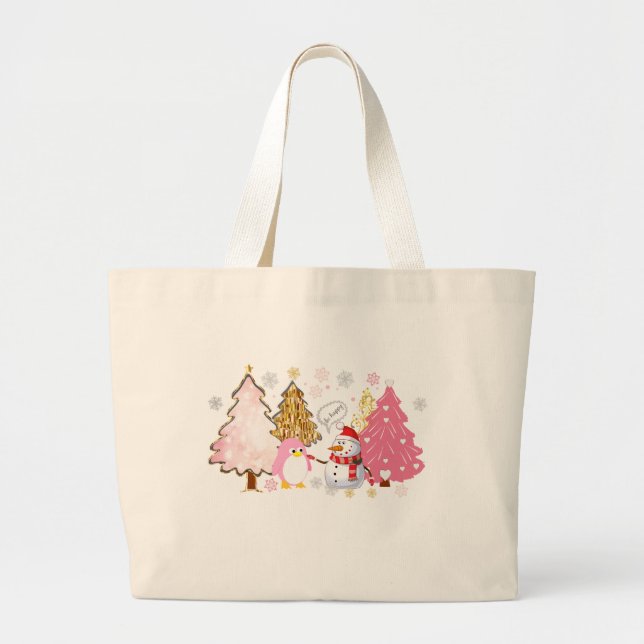Grand Tote Bag Arbres de Noël roses, pingouin joueur et bonhomme  (Devant)