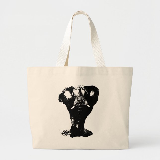Grand Tote Bag Art pop Eléphant Noir & Blanc (Devant)