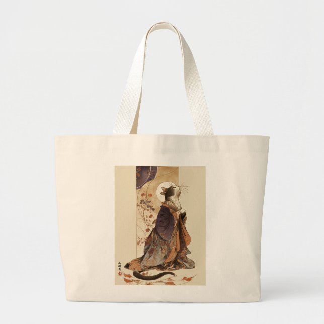 Grand Tote Bag "Autumn Reverie" Japanese Cat in Kimono Art (Devant)