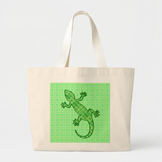 Grand Tote Bag Batik tribal Gecko - chaux et vert émeraude (Devant)