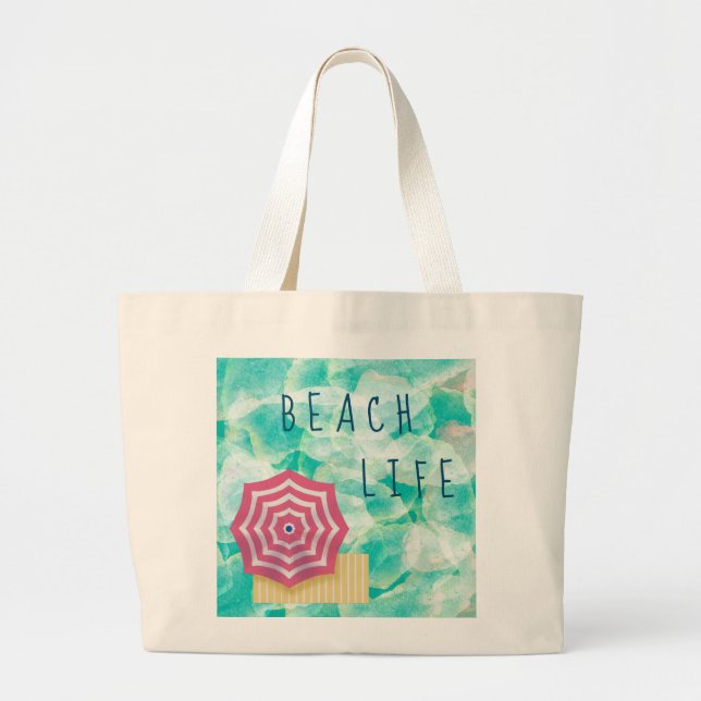 Grand Tote Bag Beach Life avec parasol de plage (Devant)