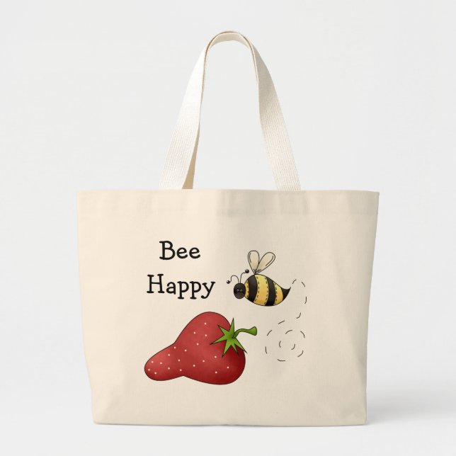 Grand Tote Bag Bee Happy Strawberry Print Art (Devant)