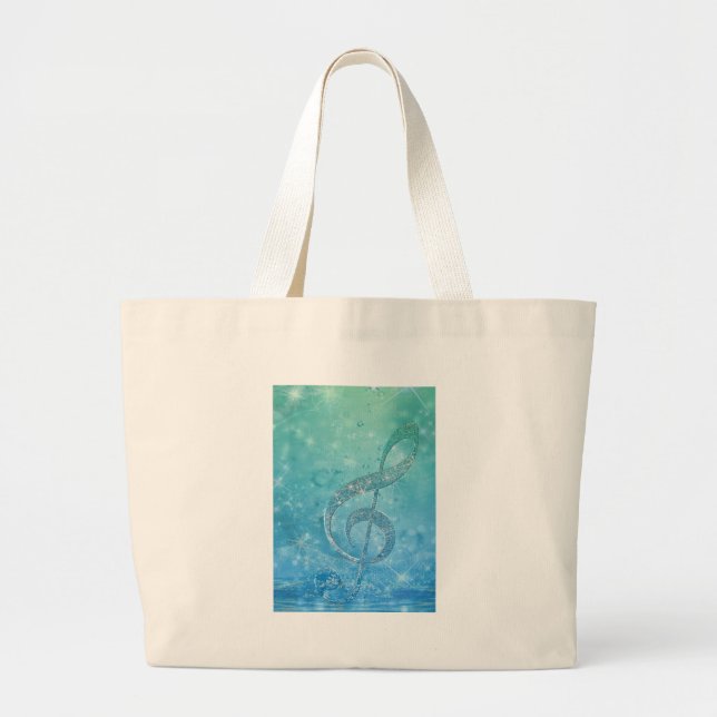 Grand Tote Bag Belle étincelle brillante effet bleu treble clef (Devant)