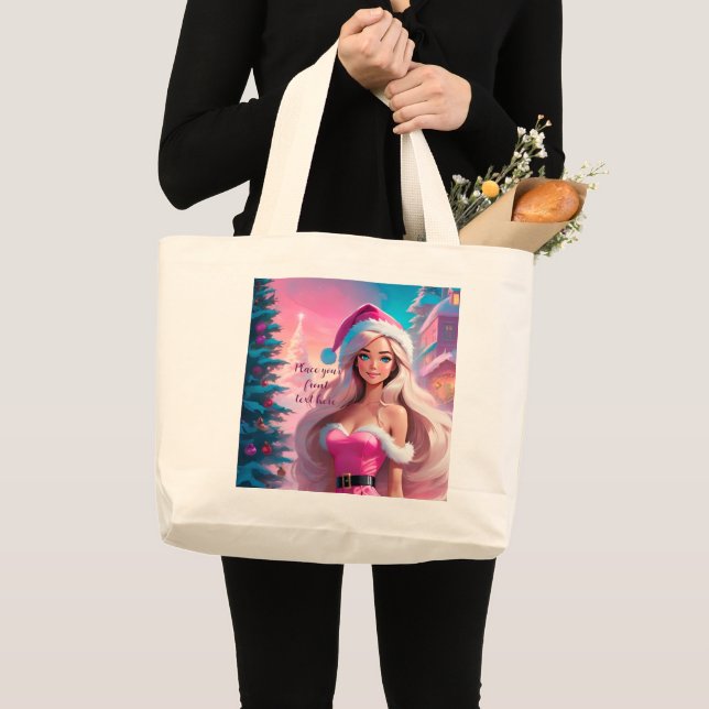 Grand Tote Bag Belle fille de Noël rose 01 (Devant (produit))