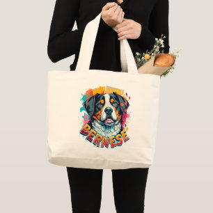 Grand Tote Bag Bernese Mountain Dog Head Vibré couleur éclaboussu