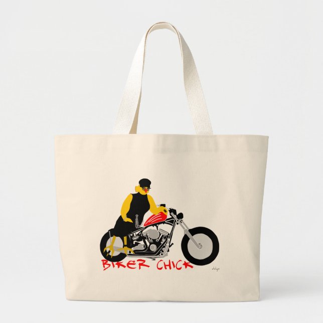 Grand Tote Bag BIKER CHICK assise sur sa moto (Devant)
