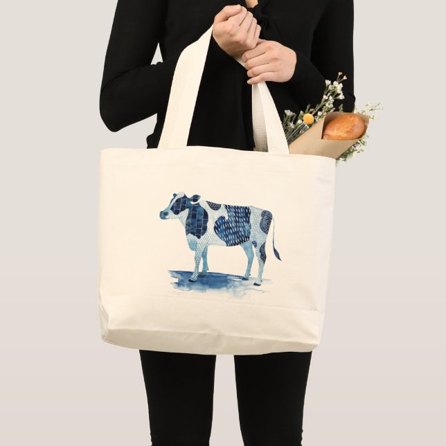 Grand Tote Bag Bleu de cobalt Animaux de ferme - Vache (Devant (produit))