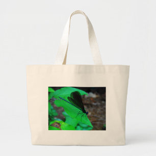 Grand Tote Bag Blue Damselfly on a green leaf.