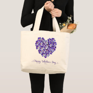 Grand Tote Bag Blue Floral Heart Heureuse Sainte-Valentin Vintage