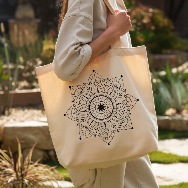 Grand Tote Bag Boho Mandala Black Line Art (Créateur téléchargé)