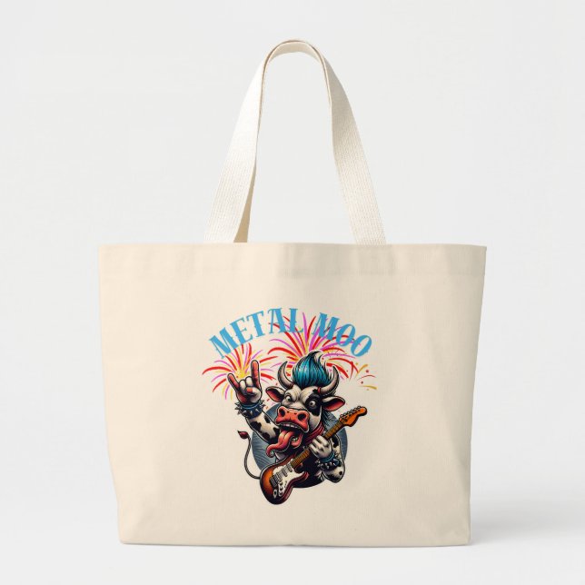 Grand Tote Bag  Bolsos Metal Moo-d – Rockin' Cow with a Guitar (Devant)