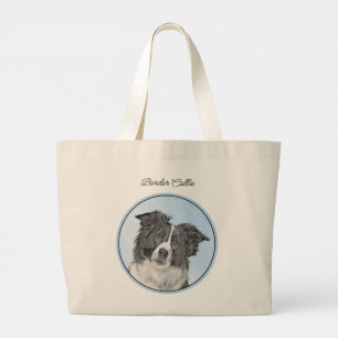 Grand Tote Bag Bordure Collie Peinture Rough Noir & Blanc Chien A