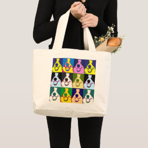 Grand Tote Bag Bordure rétro colorée Collie Pop Art
