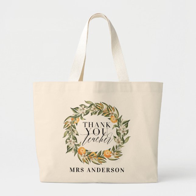 Grand Tote Bag Botanique d'agrumes d'orange rustique merci profes (Devant)