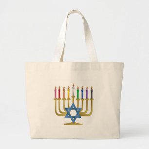 Grand Tote Bag Bougies arc-en-ciel de Hanukkah Menorah en or