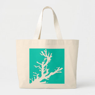 Grand Tote Bag Branche de corail - blanc sur turquoise