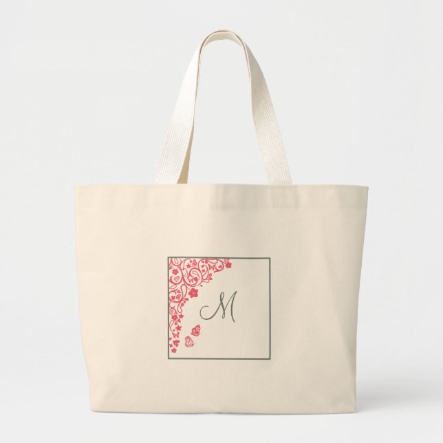 Grand Tote Bag Bridesmaid Coral Papillon Jardin Script Monogramme (Devant)