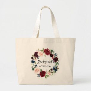 Grand Tote Bag Brush Script Bridesmaid Burgundy Blue Floral