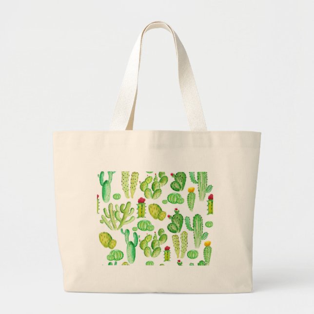 Grand Tote Bag Cactus à l'aquarelle (Devant)