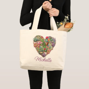 Grand Tote Bag Cactus En Forme De Coeur Avec Nom