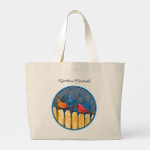 Grand Tote Bag Cardinaux sur la clôture dans la peinture d'hiver 