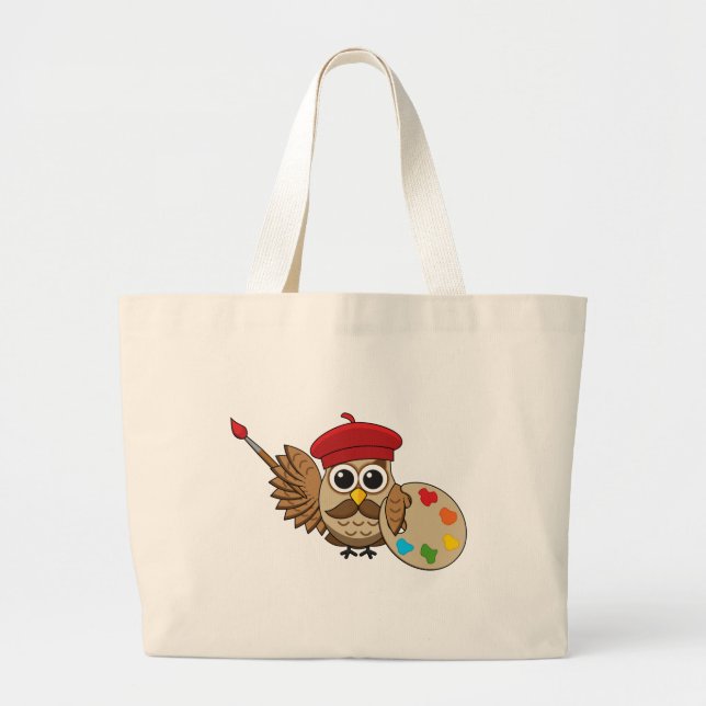 Grand Tote Bag Caricature de Chouette Peintre Cute (Devant)