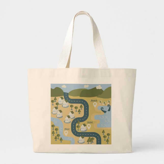 Grand Tote Bag Caricature élégante paysage carte de voyage (Devant)