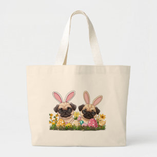 Grand Tote Bag Carlin de Pâques Chiens Lapin Oreilles