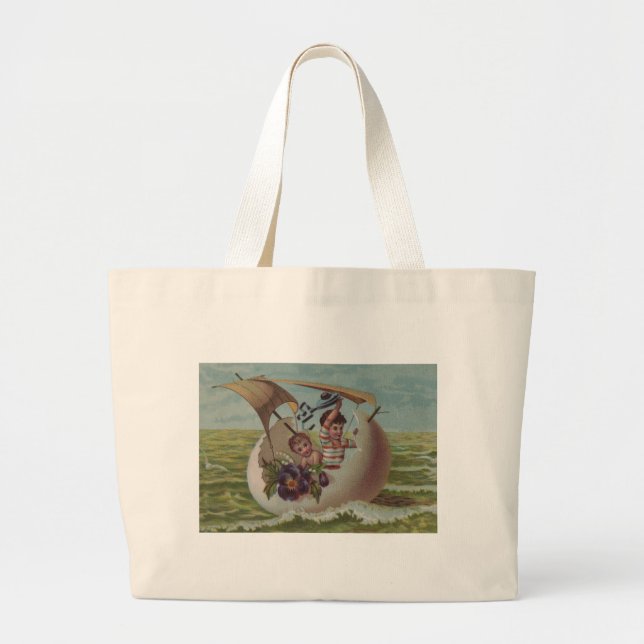Grand Tote Bag Carte de Pâques Antique Œuf de Voile Enfants (Devant)